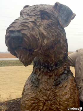 Blue Airedale terrier statue.