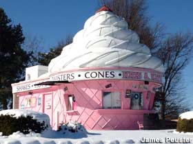Pink ice cream cone building.