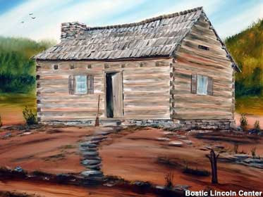 Painting of the small, rustic Abe Lincoln birth cabin in North Carolina.
