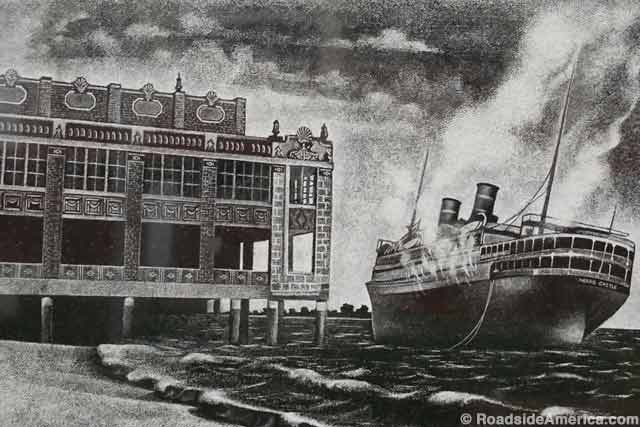 Artist's depiction of the flaming ocean liner.