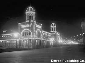 Steel Pier and boardwalk at night, 1910-20s.