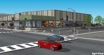 Artist concept for revitalized strip and Weed Museum.