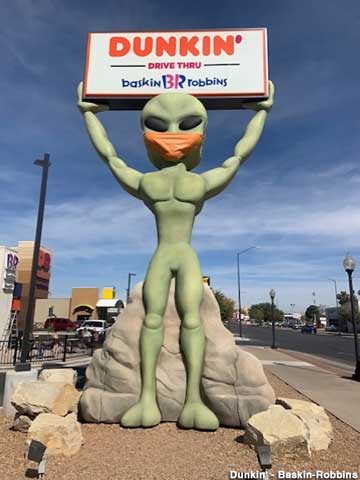 Dunkin' alien is masked for Covid-19.