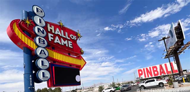 Pinball Hall of Fame billboard rivals the glitz of the nearby Welcome to Fabulous Las Vegas sign.
