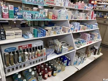 Drug store shelves.