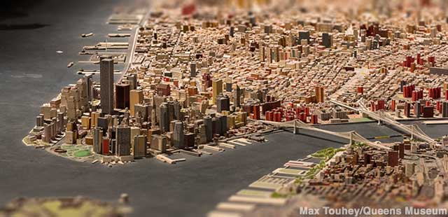 The Twin Towers of the World Trade Center still stand in this diminutive version of New York City.
