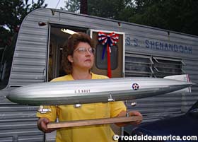 Theresa Rayner and a model of the Airship.