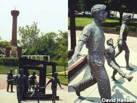 Two views of the Cancer Survivor Plaza sculptures.