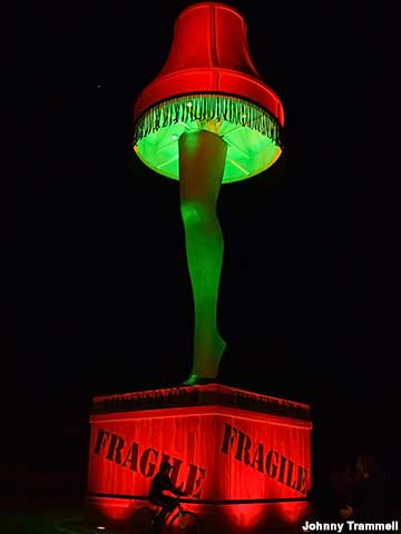 The Leg Lamp glows with color-shifting LEDs at night.