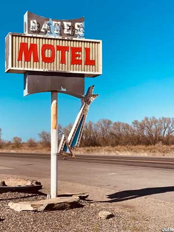 Sign for the Bates Motel, 2021.