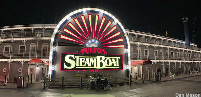 Fulton Steamboat Inn at night.