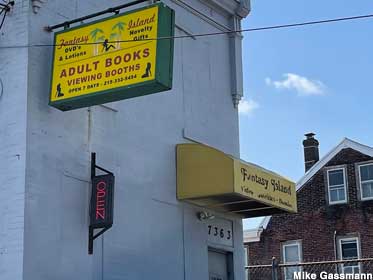 Two doors down: adult book store.