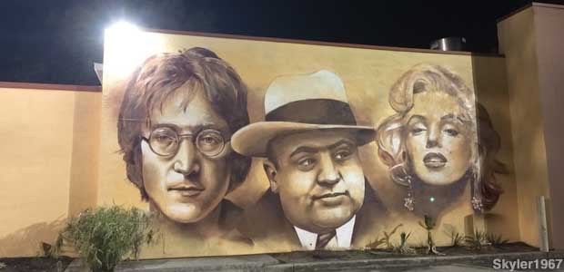 Mural: John Lennon, Al Capone, Marilyn Monroe.