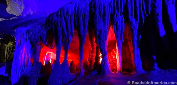 What Niagara Falls would look like if they were frozen in front of a cavern of lava.