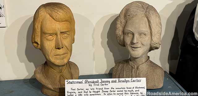 Jimmy and Rosalyn Carter. Carved by Fred Carter, who felt that his namesake President smiled too much.