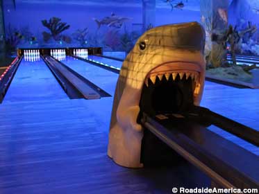 In the Pyramid bowling alley, a shark ball return discourages groping hands.