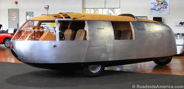 Buckminster Fuller's Dymaxion car steers from the rear. It's over 20 feet long but has only four seats.