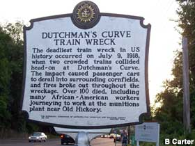 Historical marker for Dutchman's Curve.