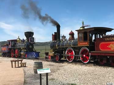 Locomotives with nowhere to go at Golden Spike National Historical Park.