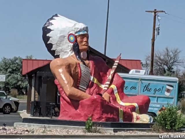 Seated chief at the Ute Travel Plaza, 2020.