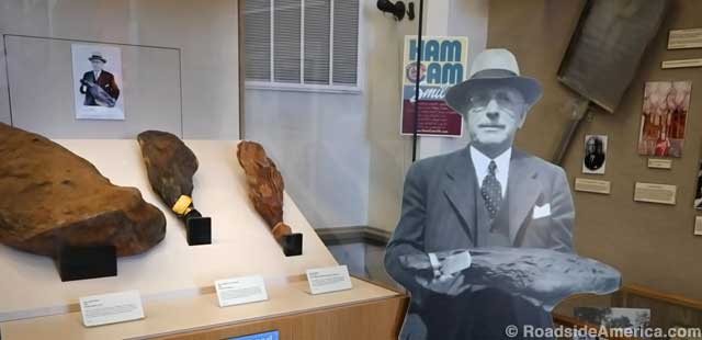 Life-size stand-up of Pembroke Decatur Gwaltney Jr. and his pet ham, next to ancient hams behind glass.
