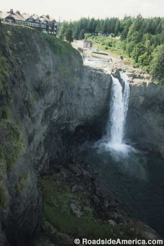 Twin Peaks waterfall and lodge.
