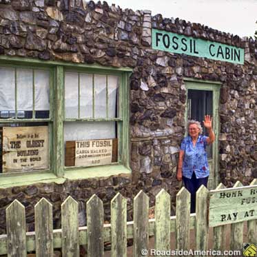 Ethel Nash greets us at the Fossil Cabin, 1991.